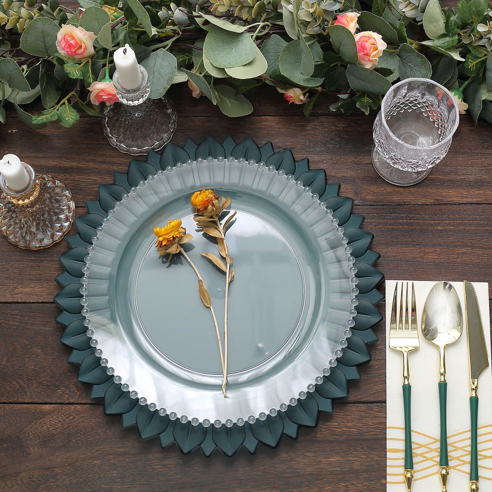 Matte teal sunflower disposable charger plate with floral decor.