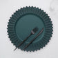 13" Matte Teal Sunflower Disposable Charger Plate with black utensils.