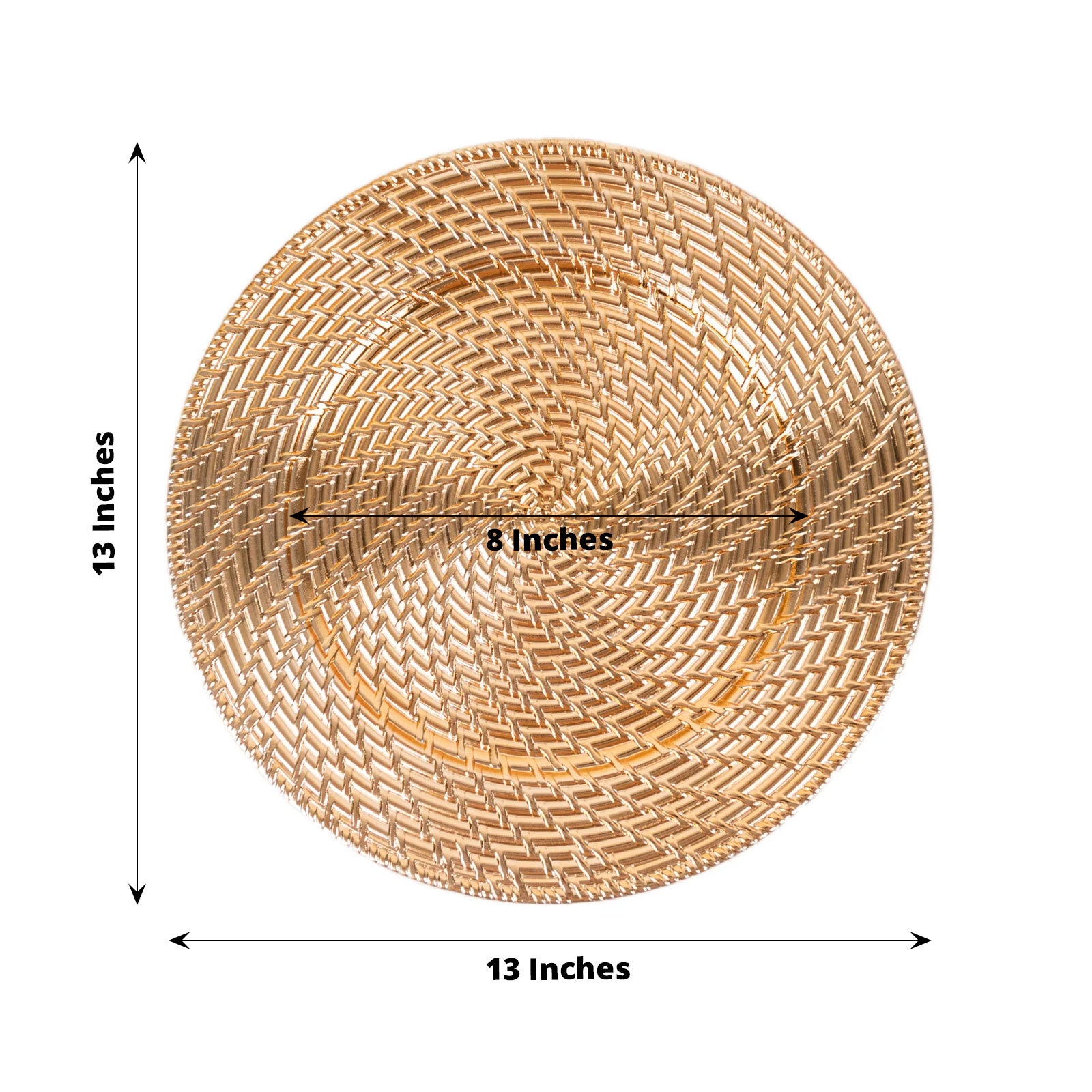 Metallic gold swirl rattan acrylic charger plate, 13" round, for dinner serving.
