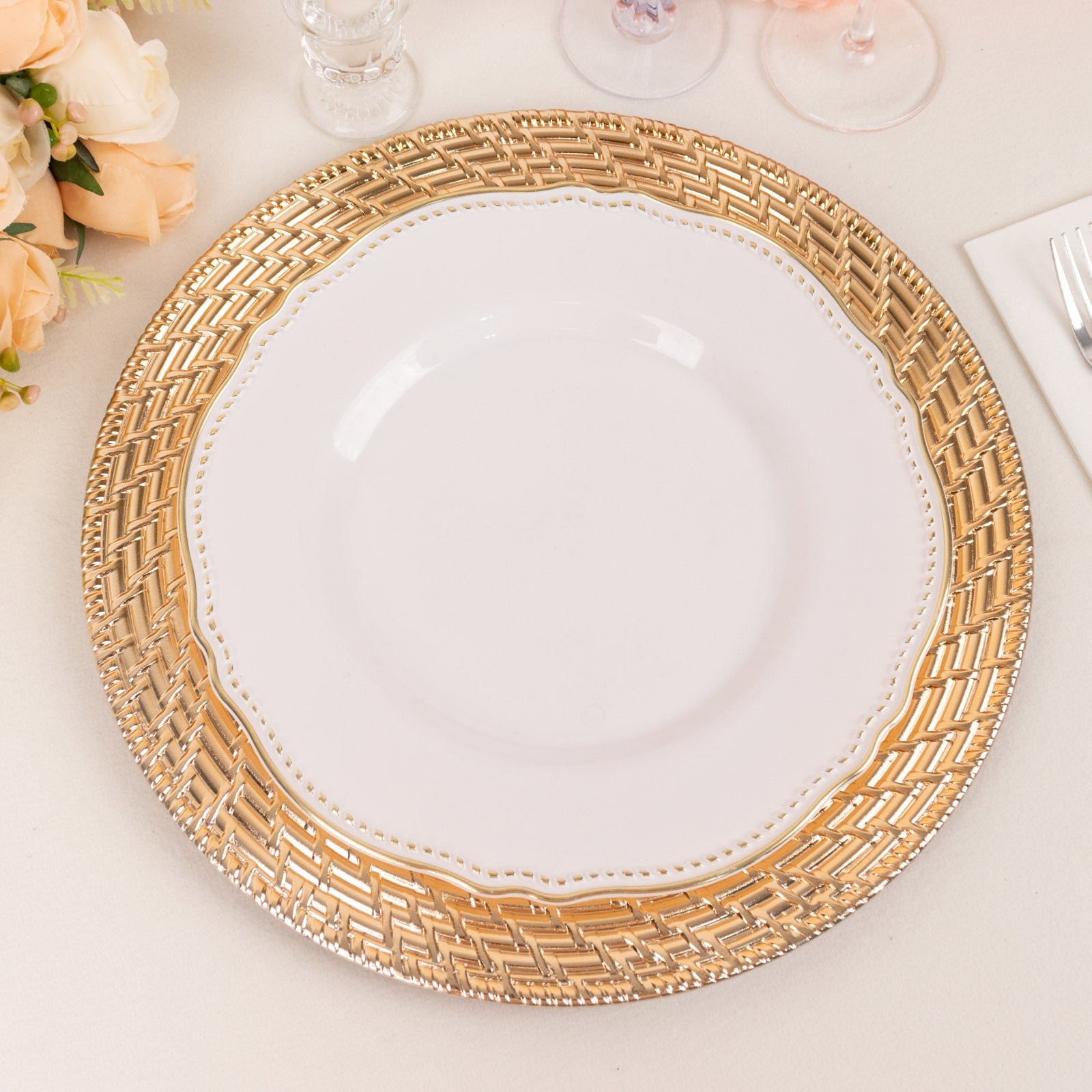 Metallic gold swirl rattan acrylic charger plate, 13" round.