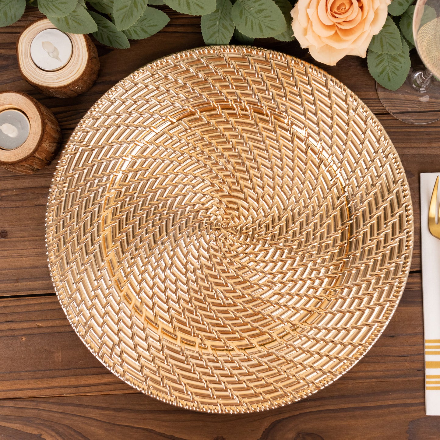 Metallic gold swirl rattan acrylic charger plate, 13" round.