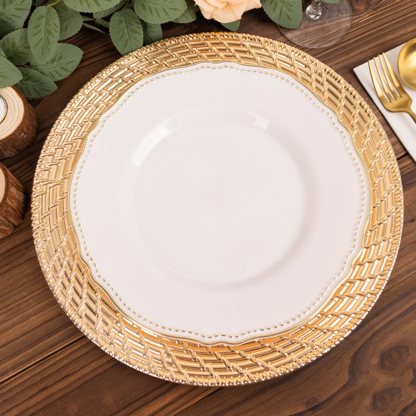 Metallic gold swirl rattan acrylic charger plates, 13" round serving plates.