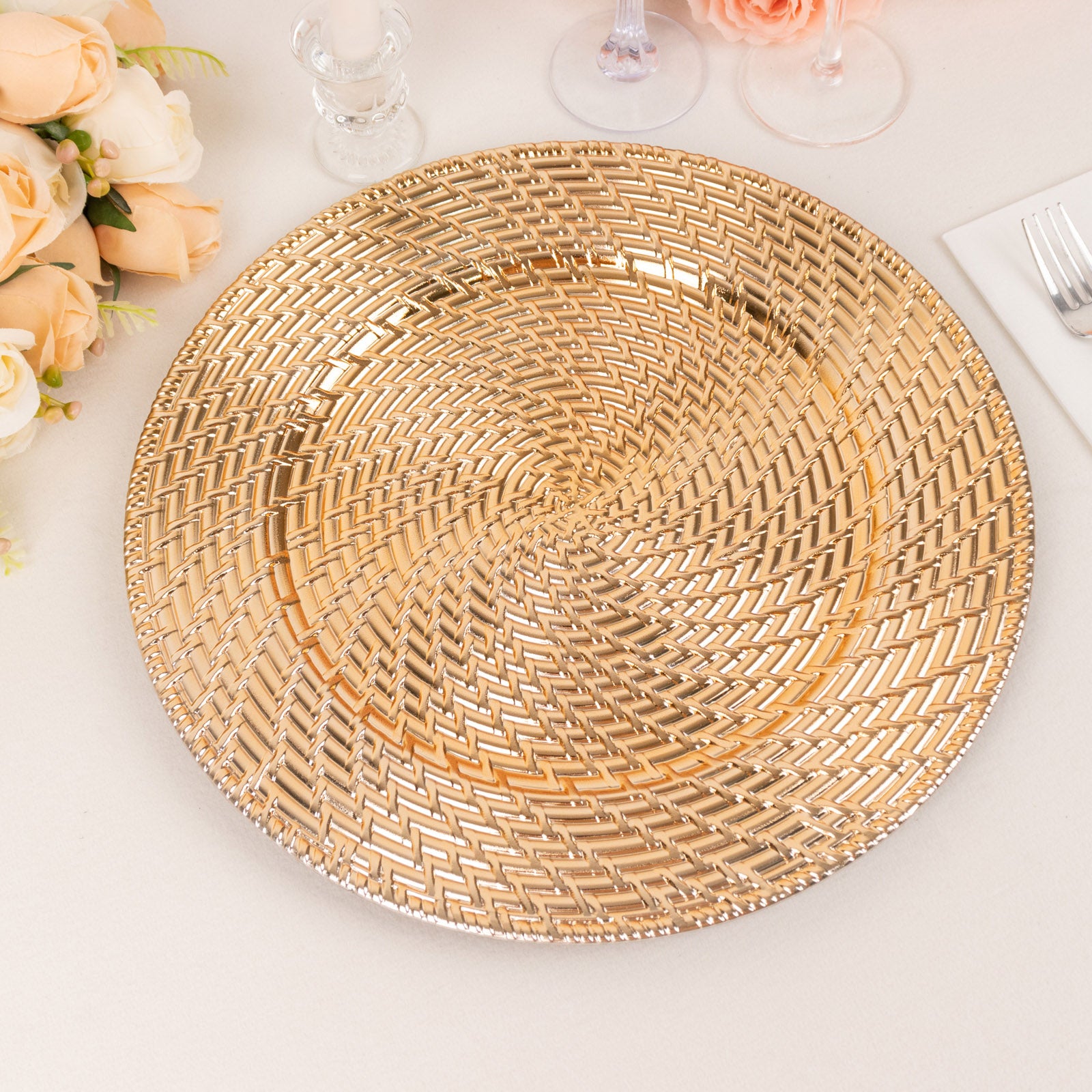 Metallic gold swirl rattan acrylic charger plate, 13" round dinner serving plate.