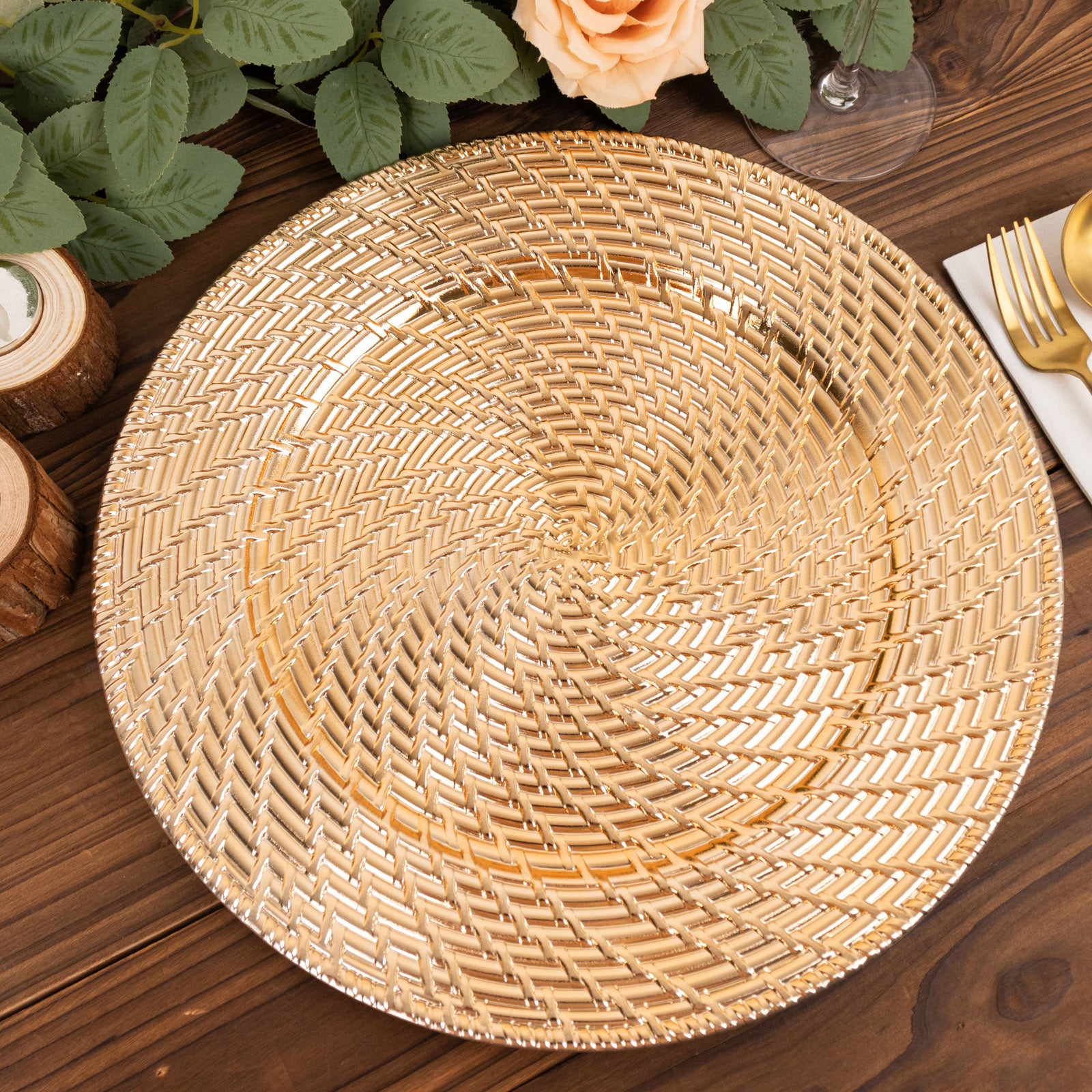 Metallic gold swirl rattan acrylic charger plate, 13" round.