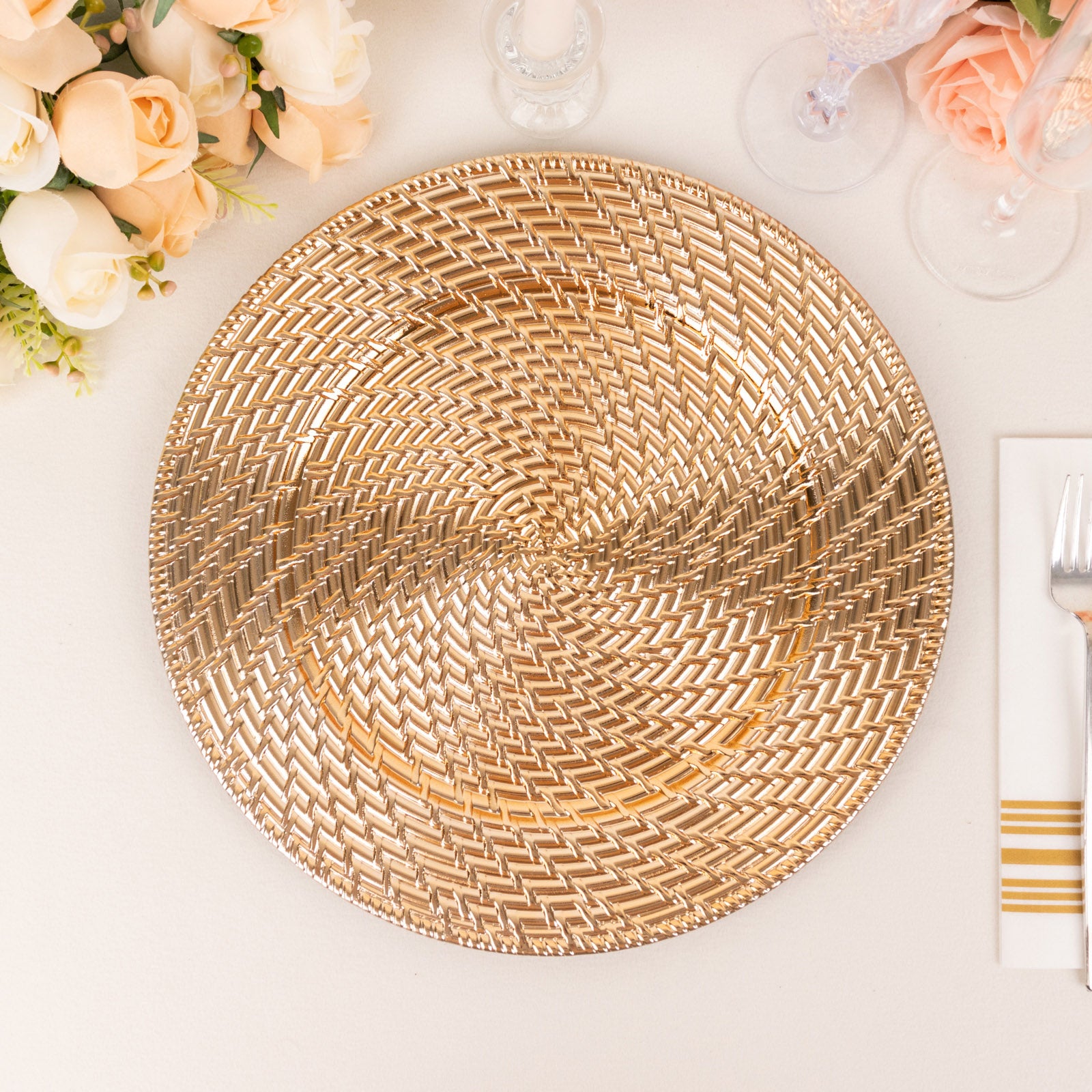 Metallic gold swirl rattan acrylic charger plate, 13" round.