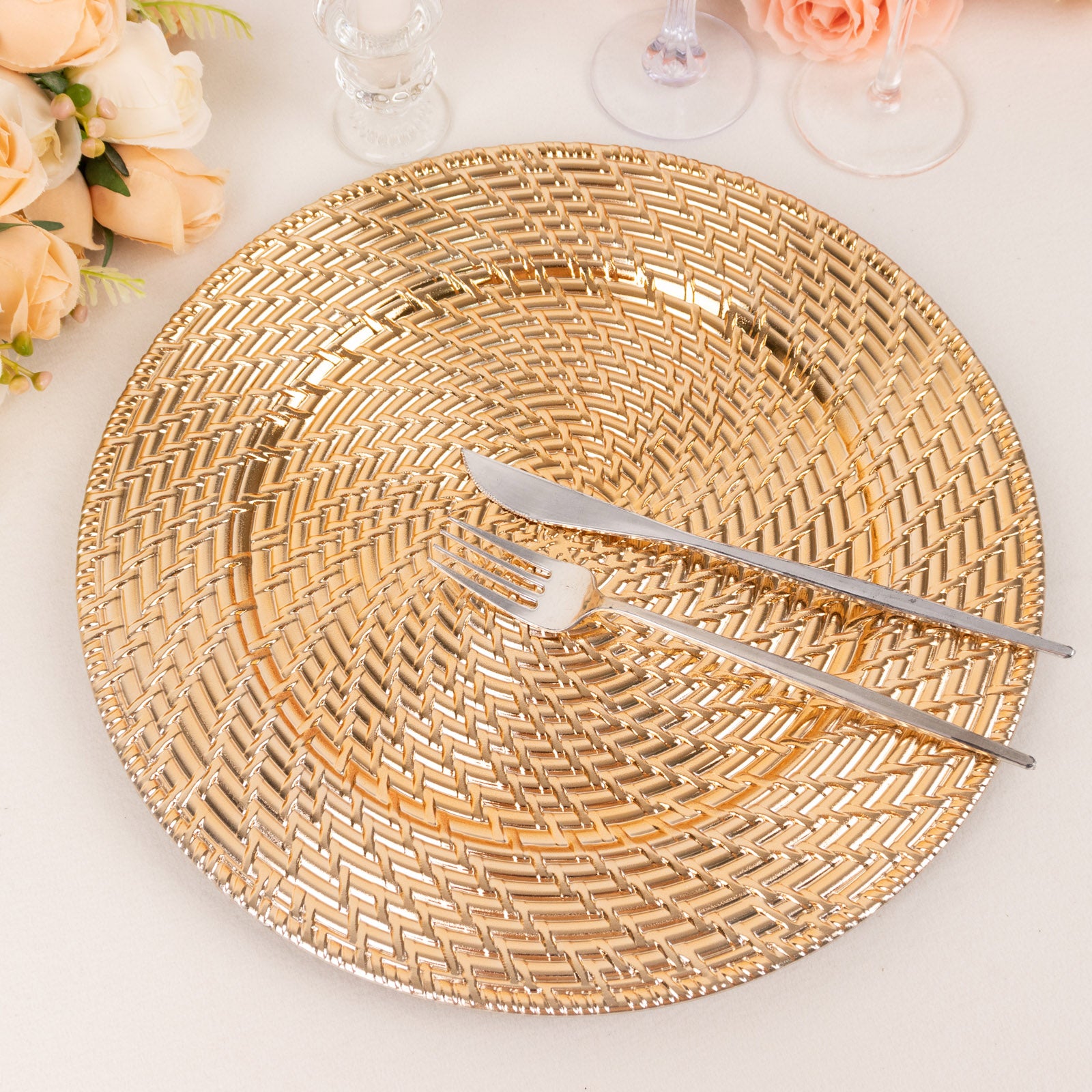 Metallic gold swirl rattan acrylic charger plate, 13" round.