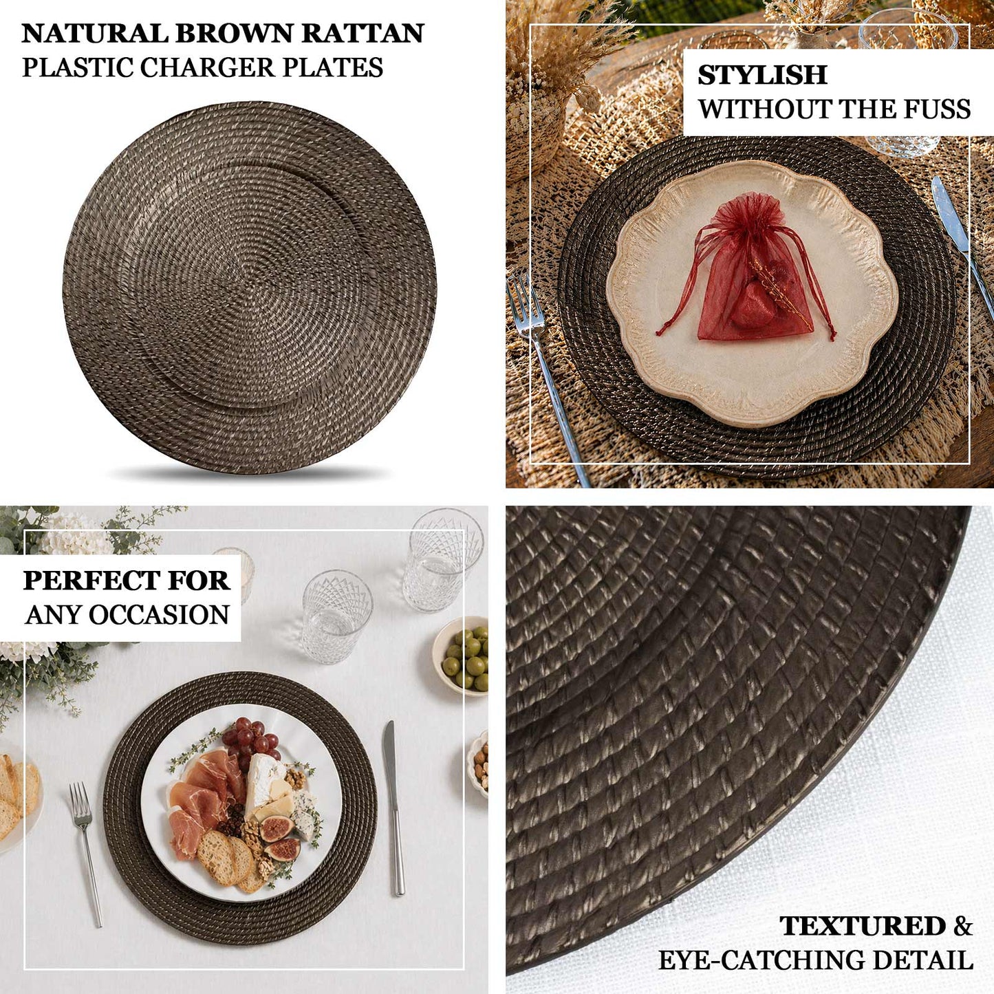 Natural brown rattan-like disposable round charger plates set of 6.