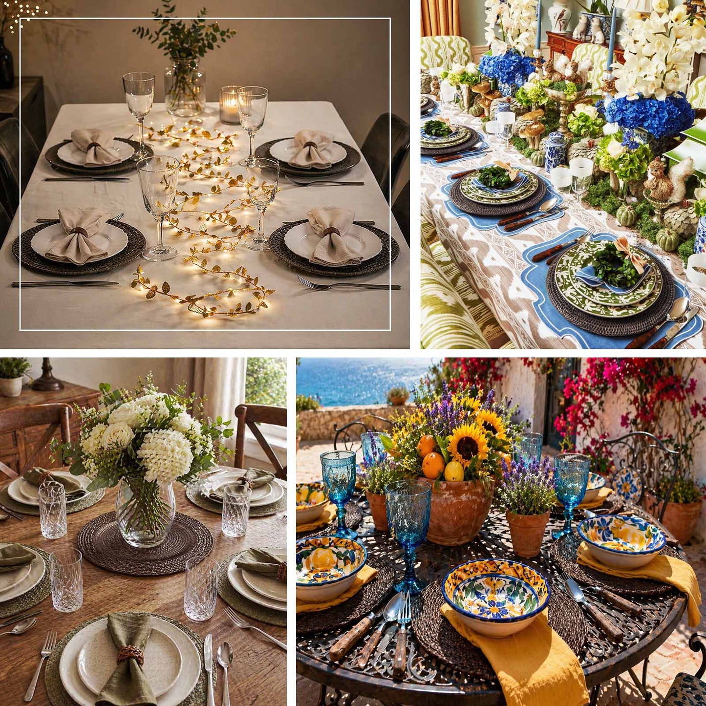 Natural brown charger plates with rattan-like design on a dining table.