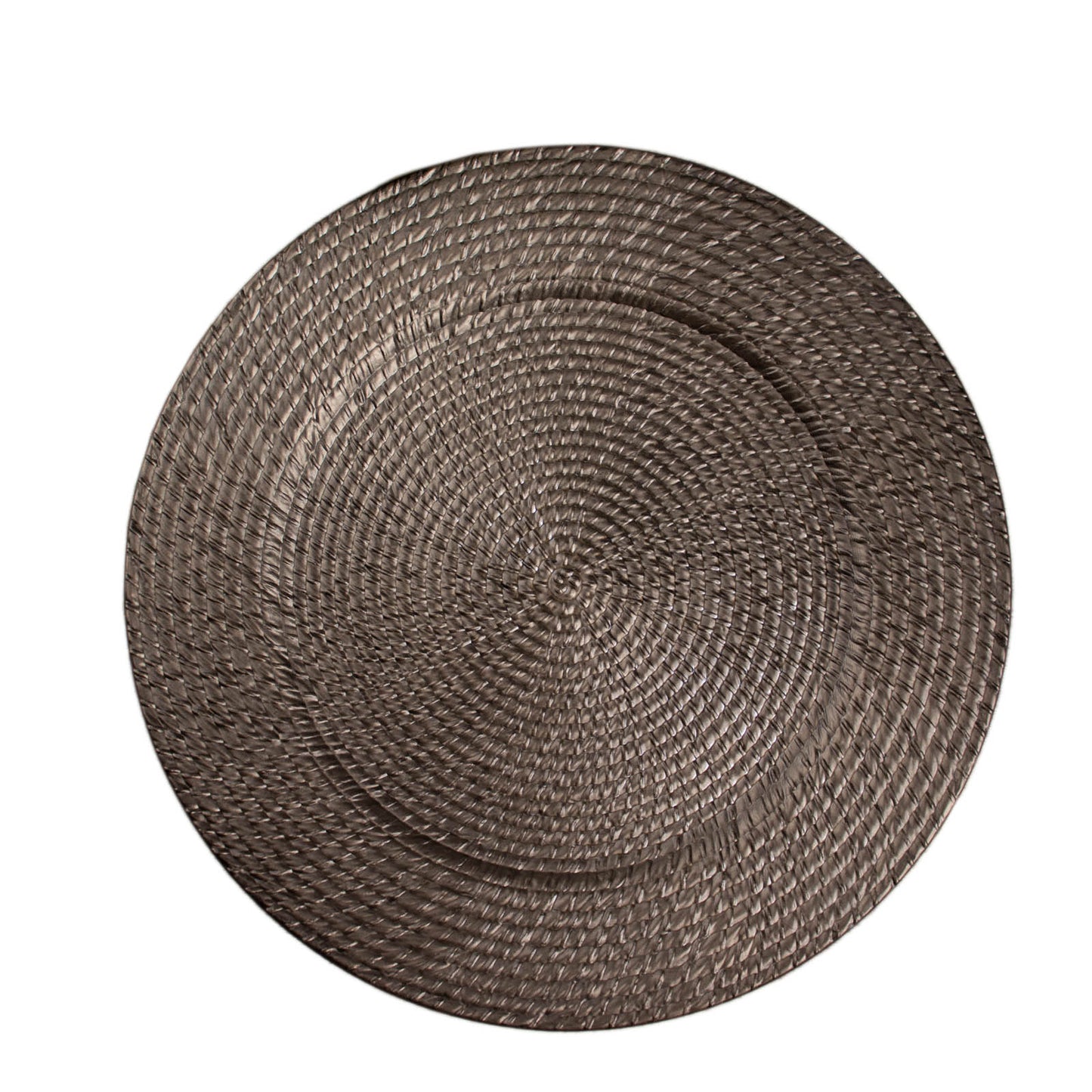 Natural brown round charger plate with rattan-like design.