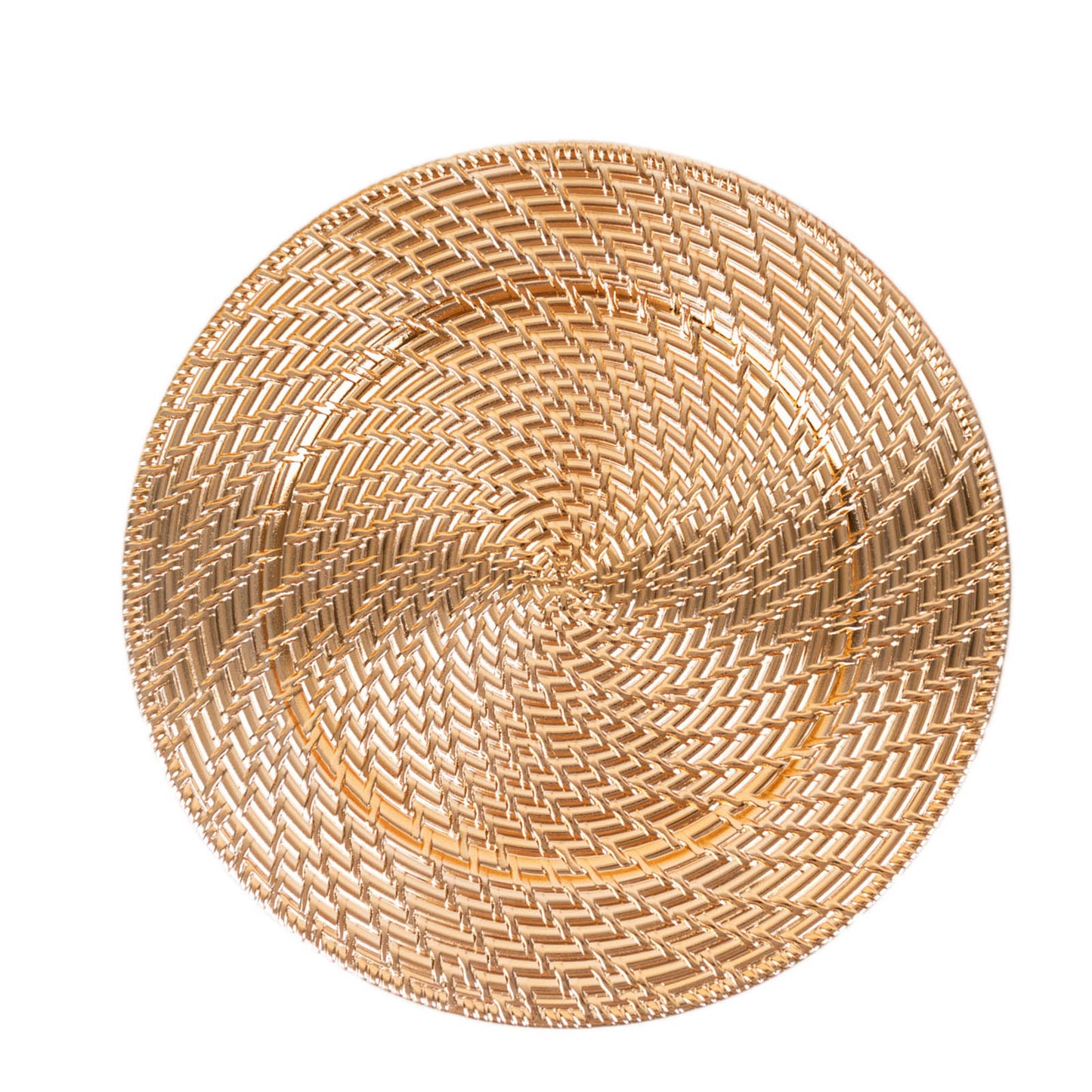 Metallic gold swirl rattan acrylic charger plate, 13" round.