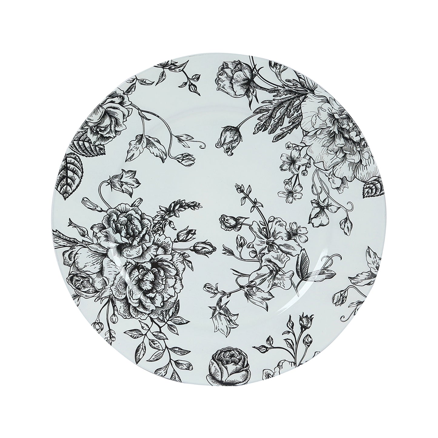 6-Pack Acrylic Round Charger Plates 13" in White with Black Floral French Toile Pattern, Decorative Dinner Party Charger Tableware