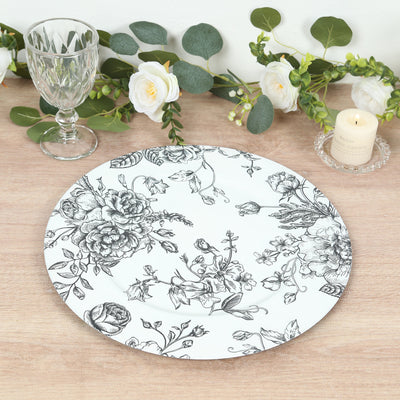 13" Round White with Black Floral French Toile Charger Plates