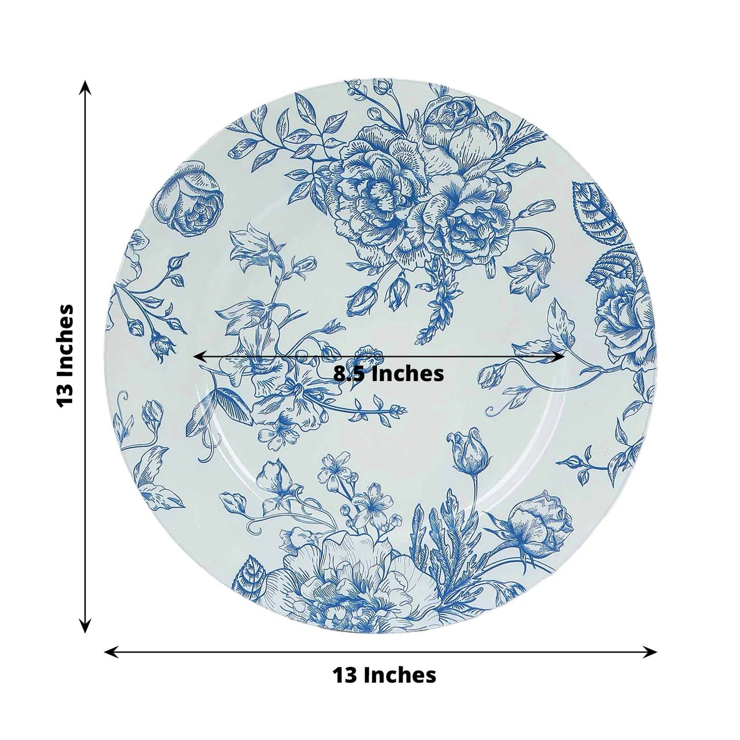 6 Pack White Light Blue French Toile Acrylic Charger Plates, 13" Round Dinner Charger Event Tabletop Decor