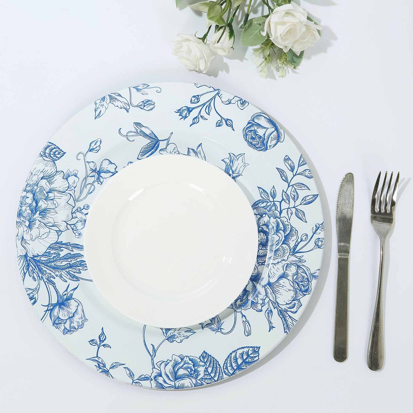 6 Pack White Light Blue French Toile Acrylic Charger Plates, 13" Round Dinner Charger Event Tabletop Decor