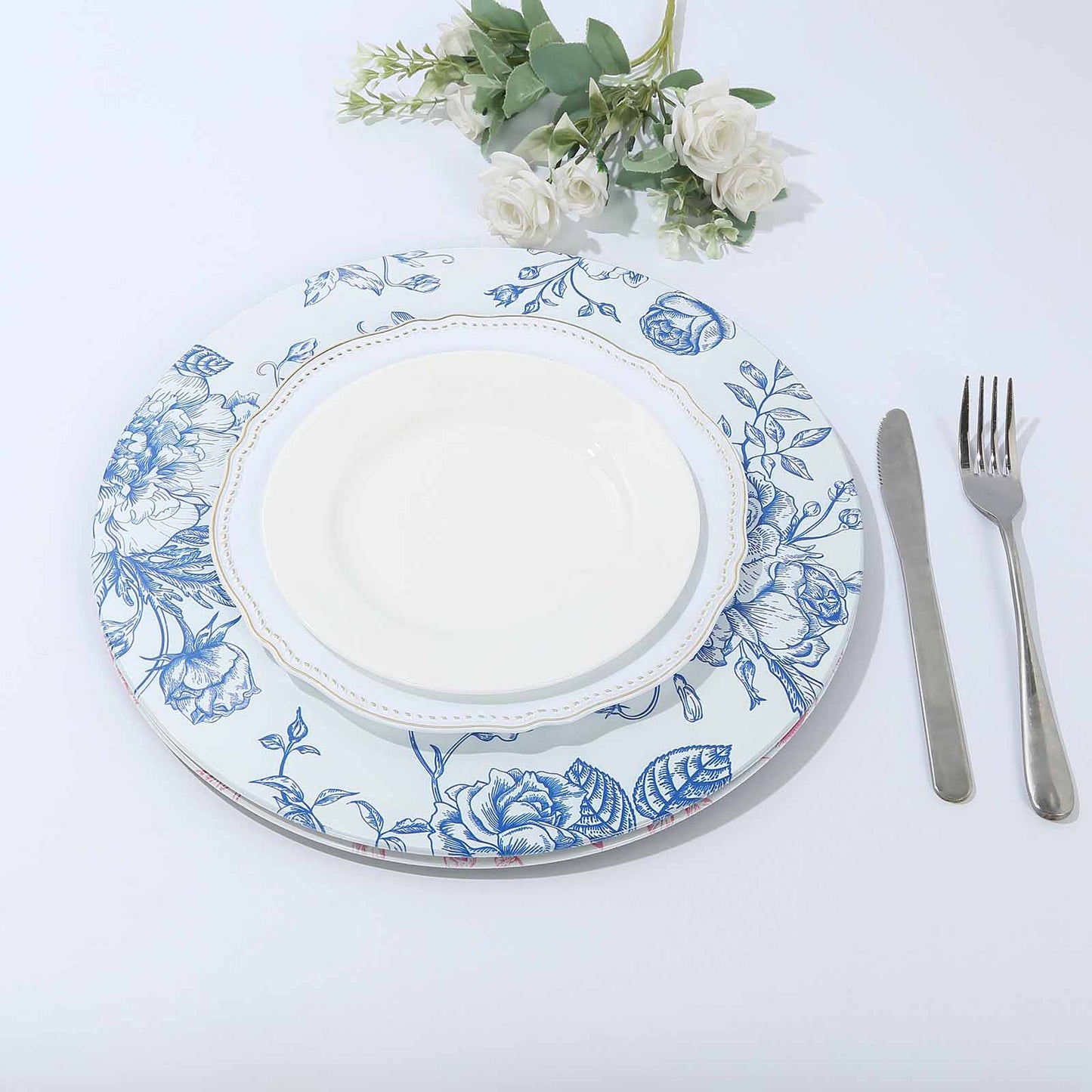 6 Pack White Light Blue French Toile Acrylic Charger Plates, 13" Round Dinner Charger Event Tabletop Decor