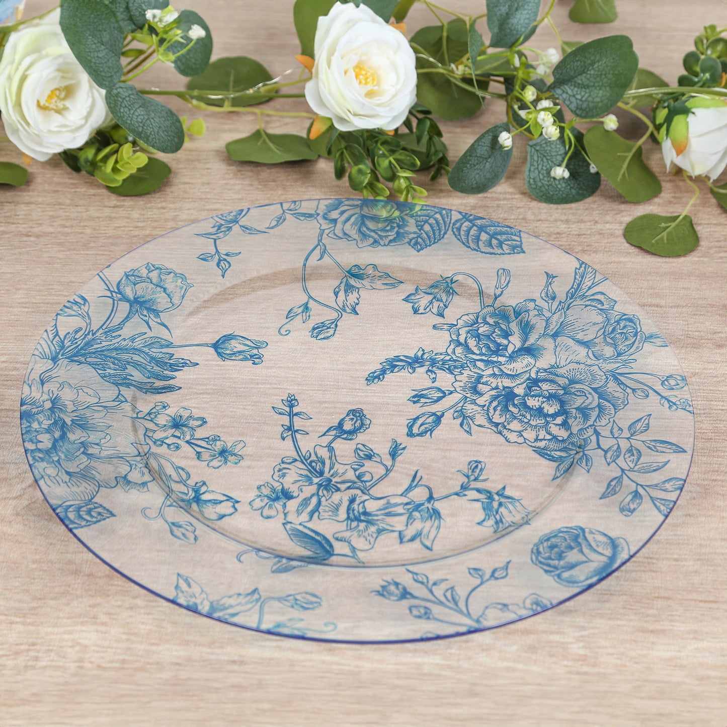 6 Pack Round Floral Acrylic Charger Plates in French Toile Pattern, 13" Clear Light Blue Dinner Charger Event Tabletop Decor