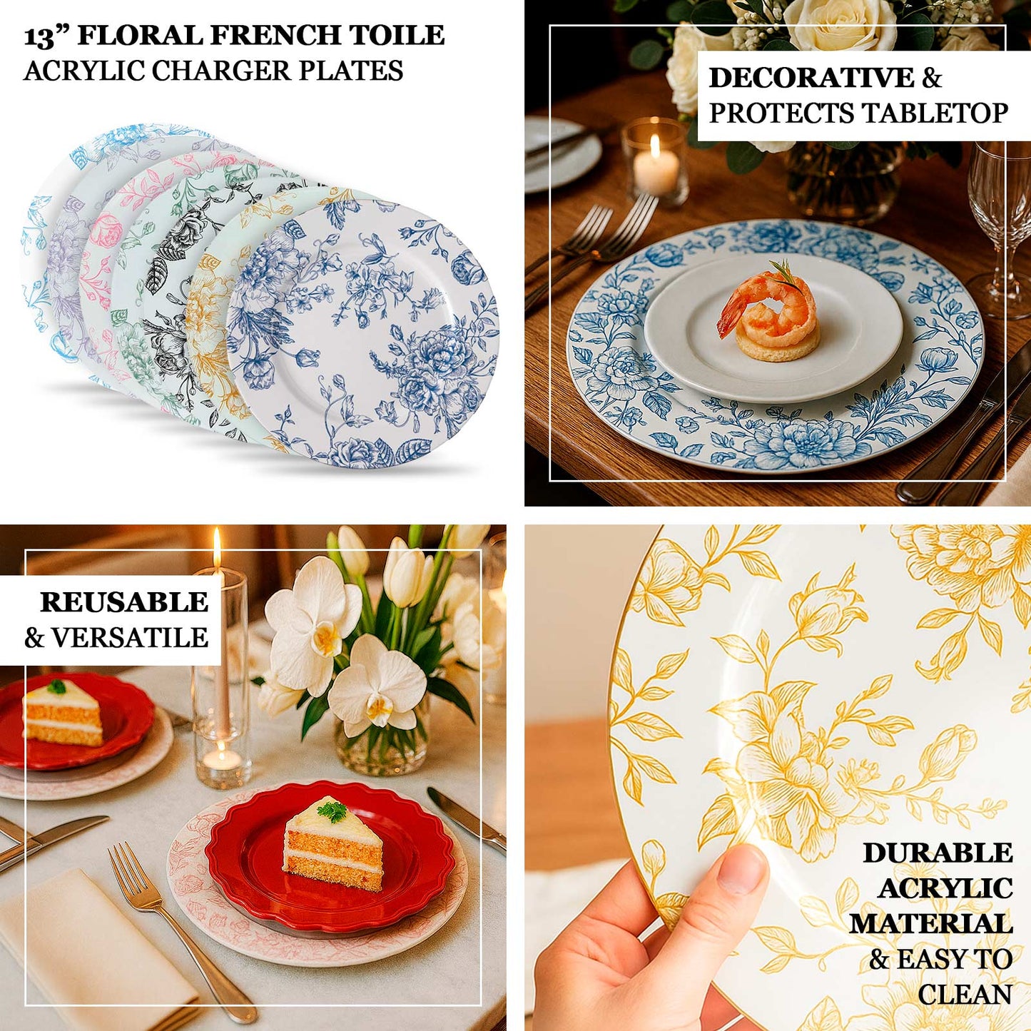 6 Pack French Toile Acrylic Charger Plates, 13" Round Dinner Charger Event Tabletop Decor