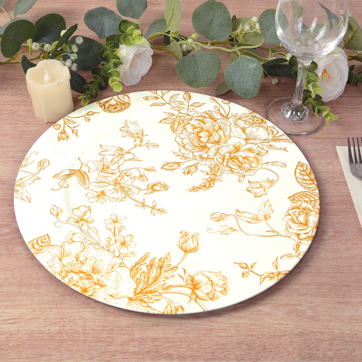6 Pack White Gold French Toile Acrylic Charger Plates, 13" Round Dinner Charger Event Tabletop Decor
