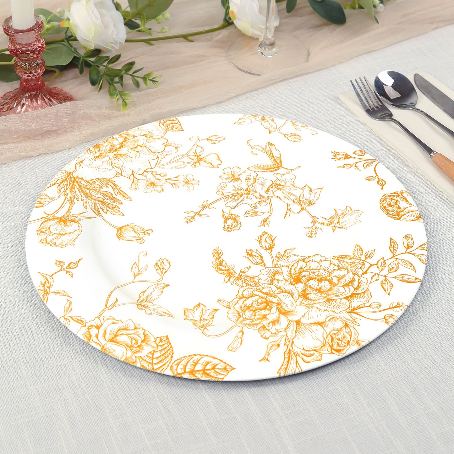 6 Pack White Gold French Toile Acrylic Charger Plates, 13" Round Dinner Charger Event Tabletop Decor