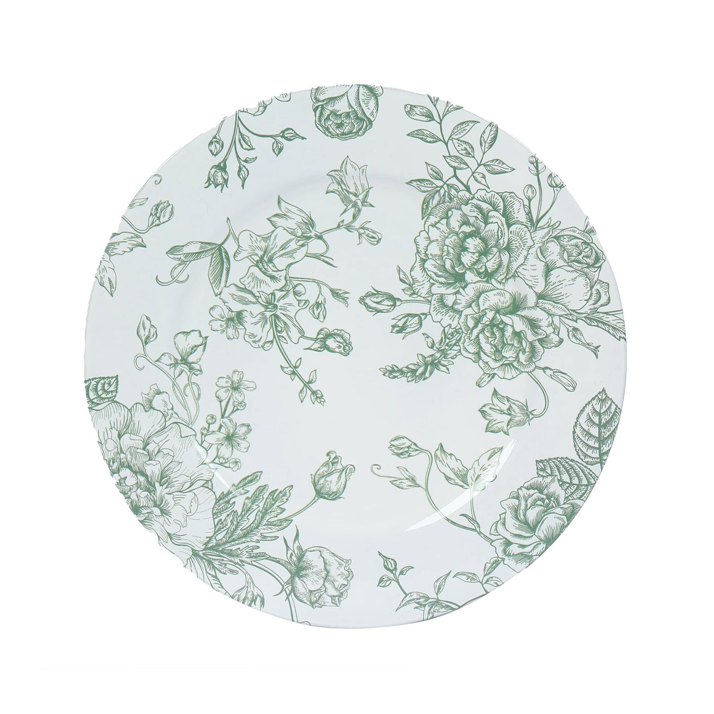 6 Pack Round Floral Acrylic Charger Plates in French Toile Pattern, 13" White Sage Green Dinner Charger Event Tabletop Decor