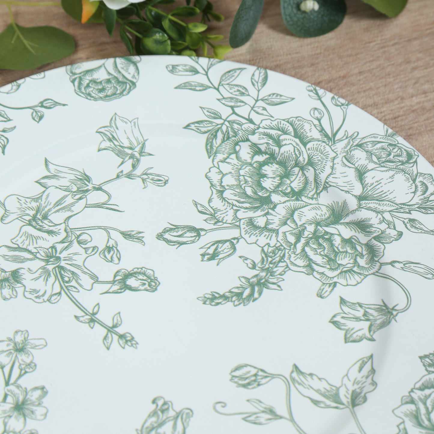 6 Pack Round Floral Acrylic Charger Plates in French Toile Pattern, 13" White Sage Green Dinner Charger Event Tabletop Decor