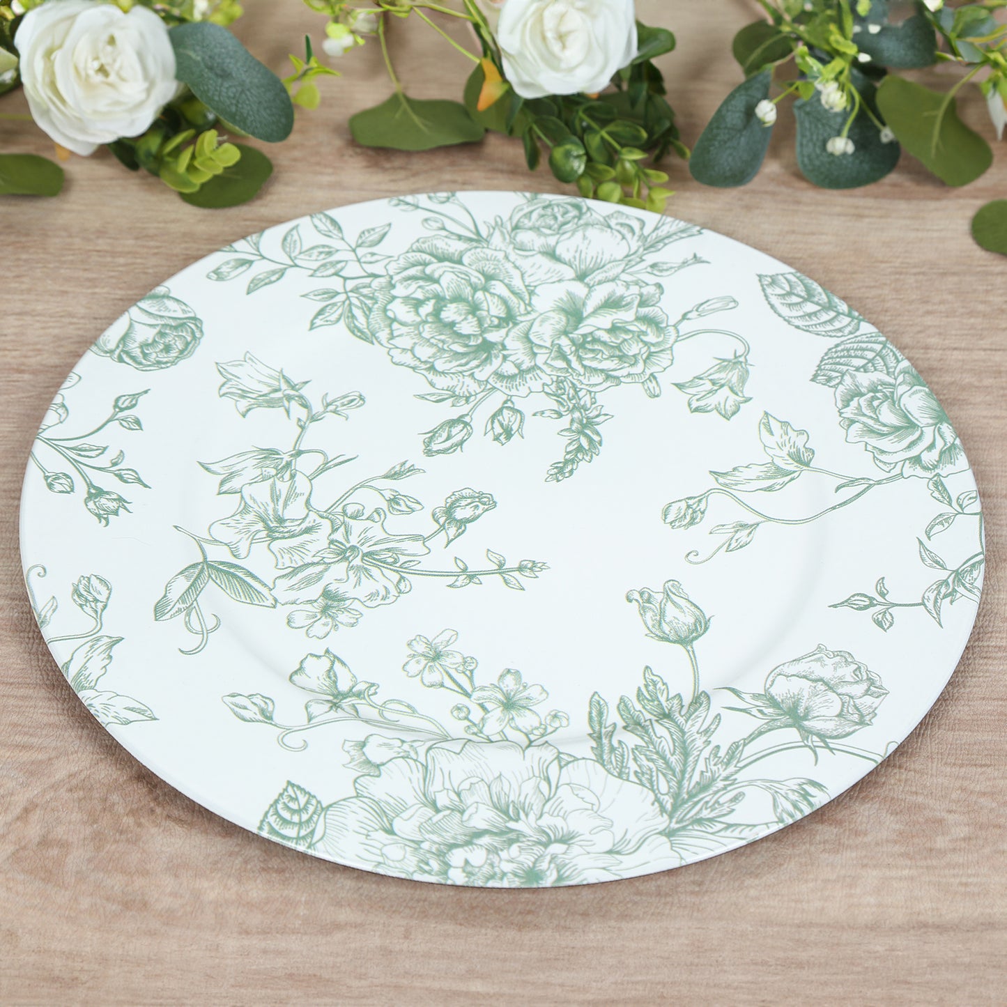 6 Pack Round Floral Acrylic Charger Plates in French Toile Pattern, 13" White Sage Green Dinner Charger Event Tabletop Decor
