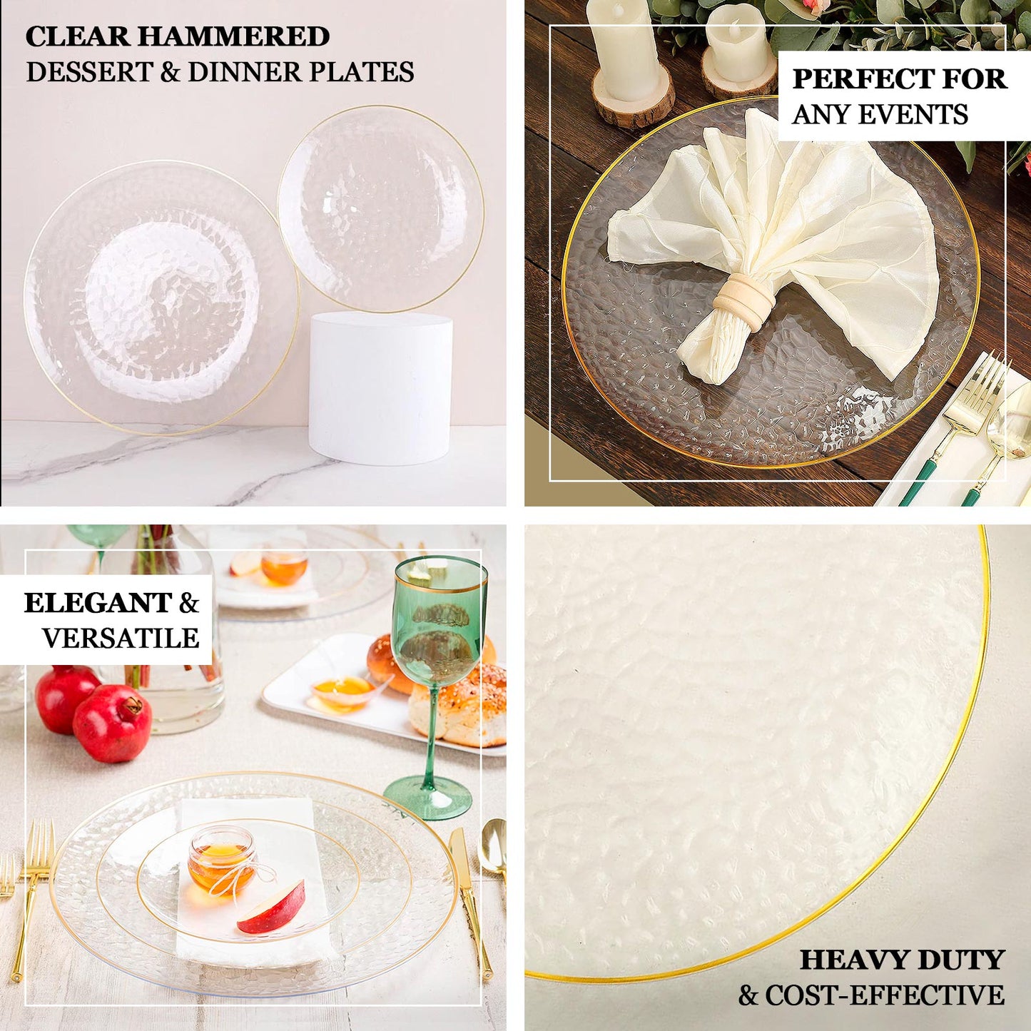 10 Pack Transparent Blush Hammered Economy Plastic Charger Plates With Gold Rim, 13" Round Dinner Chargers Event Tabletop Decor