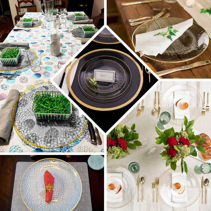 6 Pack Clear Hammered Economy Plastic Charger Plates With Gold Rim, 13" Round Dinner Chargers Event Tabletop Decor