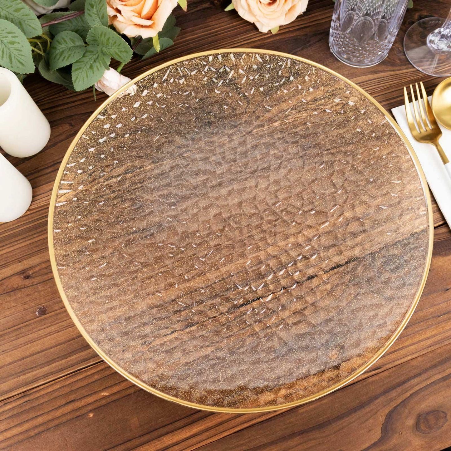 10 Pack Clear Hammered Economy Plastic Charger Plates With Glitter Gold Rim, 13" Round Dinner Chargers Event Tabletop Decor