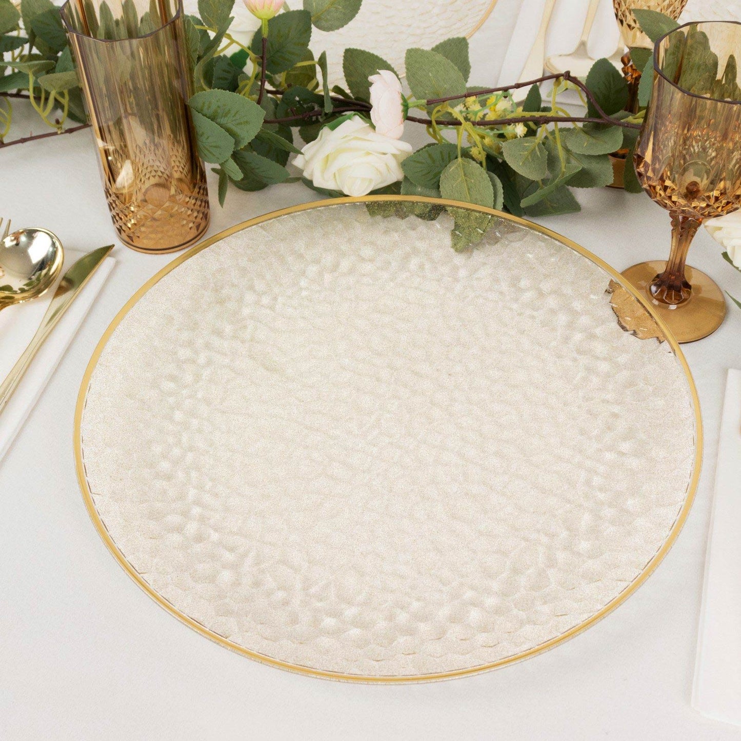 10 Pack Clear Hammered Economy Plastic Charger Plates With Glitter Gold Rim, 13" Round Dinner Chargers Event Tabletop Decor