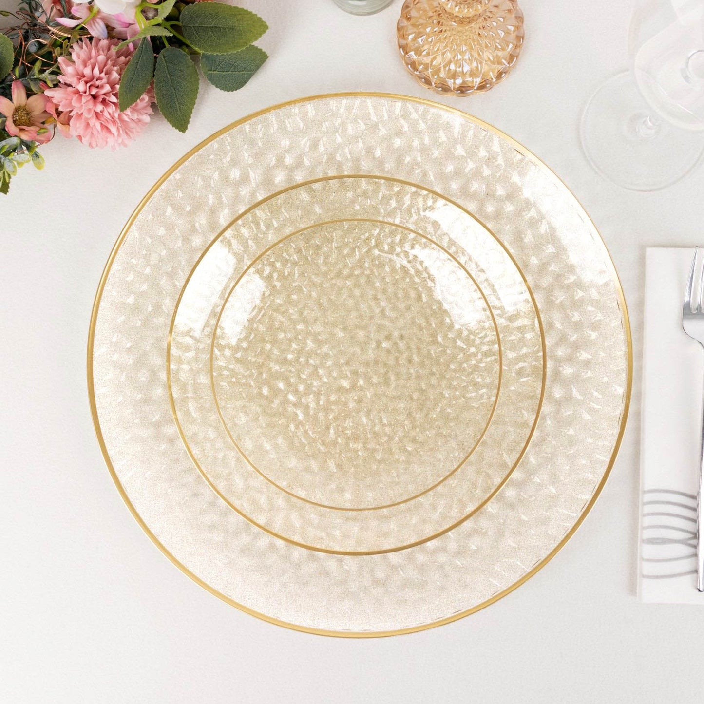 10 Pack Clear Hammered Economy Plastic Charger Plates With Glitter Gold Rim, 13" Round Dinner Chargers Event Tabletop Decor