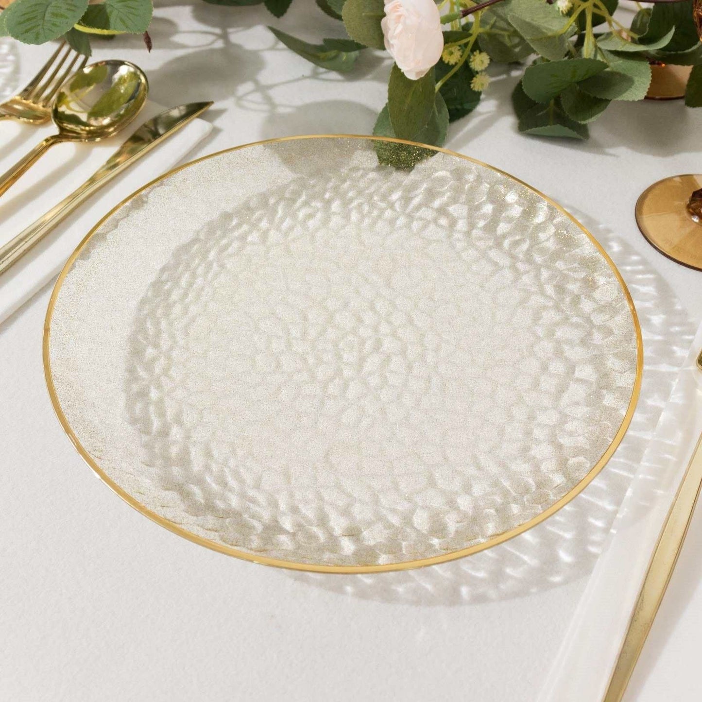 10 Pack Clear Hammered Economy Plastic Charger Plates With Glitter Gold Rim, 13" Round Dinner Chargers Event Tabletop Decor