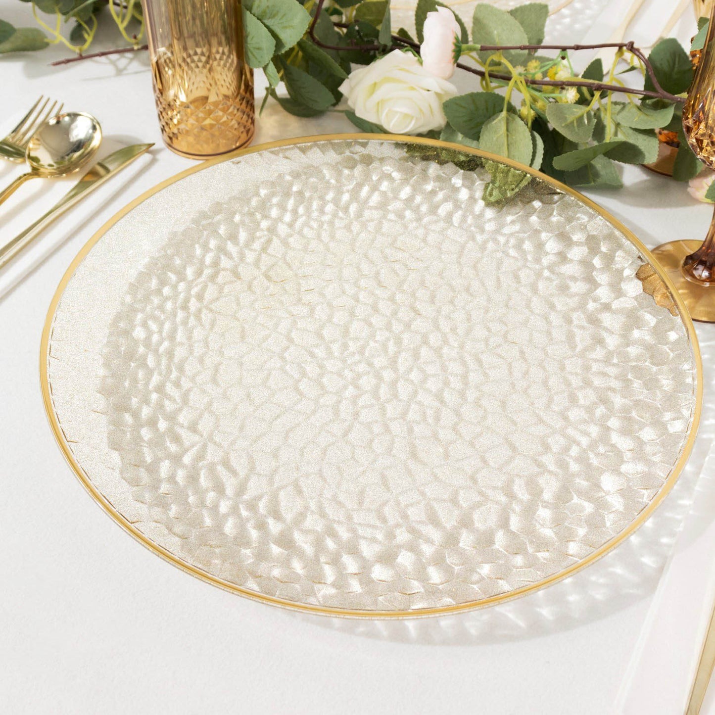 10 Pack Clear Hammered Economy Plastic Charger Plates With Glitter Gold Rim, 13" Round Dinner Chargers Event Tabletop Decor