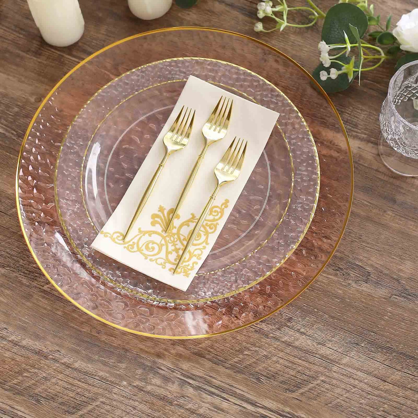 10 Pack Transparent Blush Hammered Economy Plastic Charger Plates With Gold Rim, 13" Round Dinner Chargers Event Tabletop Decor