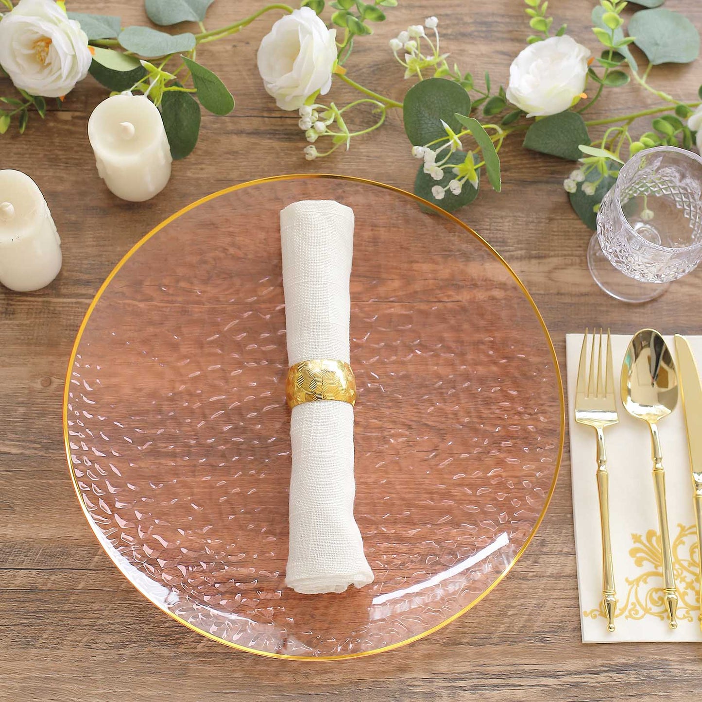 10 Pack Transparent Blush Hammered Economy Plastic Charger Plates With Gold Rim, 13" Round Dinner Chargers Event Tabletop Decor