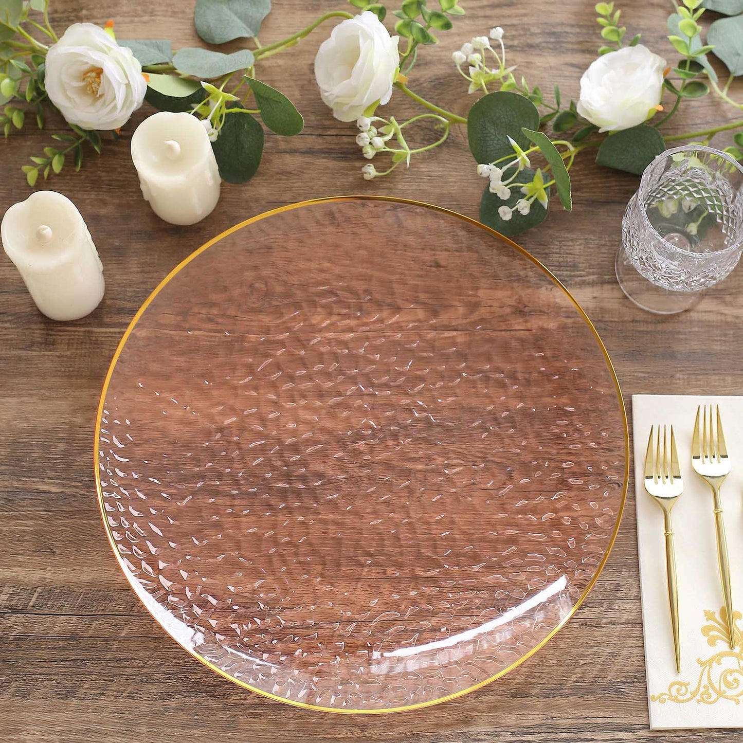 10 Pack Transparent Blush Hammered Economy Plastic Charger Plates With Gold Rim, 13" Round Dinner Chargers Event Tabletop Decor