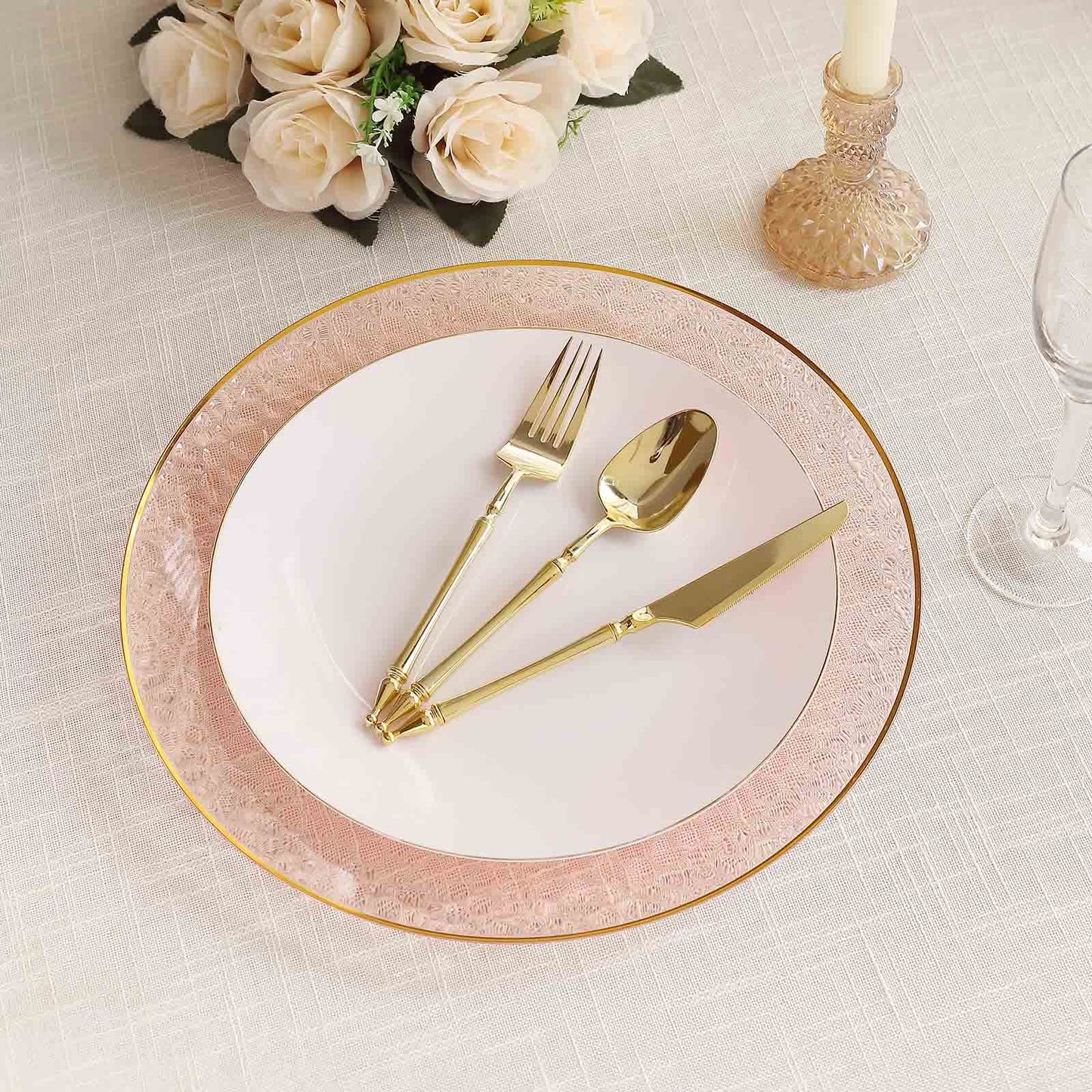 10 Pack Transparent Blush Hammered Economy Plastic Charger Plates With Gold Rim, 13" Round Dinner Chargers Event Tabletop Decor