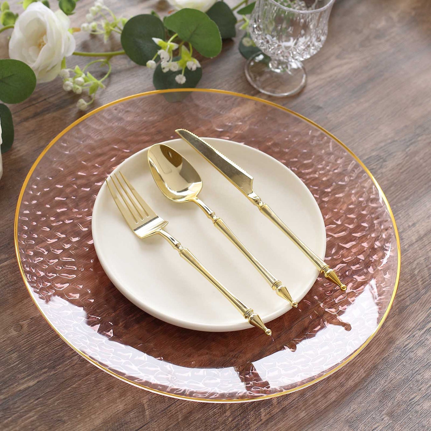 10 Pack Transparent Blush Hammered Economy Plastic Charger Plates With Gold Rim, 13" Round Dinner Chargers Event Tabletop Decor