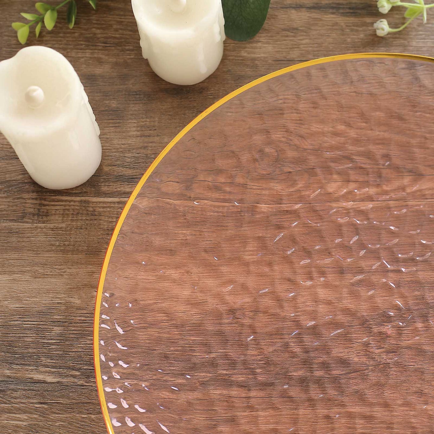 10 Pack Transparent Blush Hammered Economy Plastic Charger Plates With Gold Rim, 13" Round Dinner Chargers Event Tabletop Decor