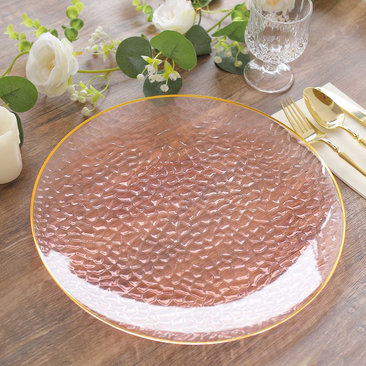 10 Pack Transparent Blush Hammered Economy Plastic Charger Plates With Gold Rim, 13" Round Dinner Chargers Event Tabletop Decor