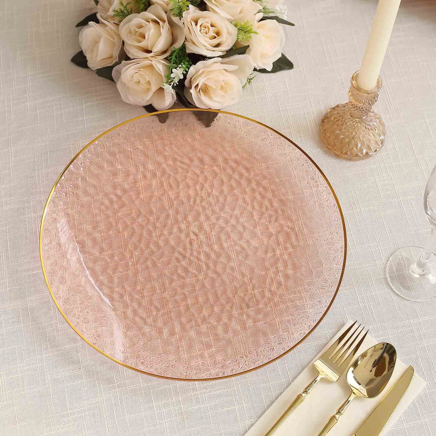 10 Pack Transparent Blush Hammered Economy Plastic Charger Plates With Gold Rim, 13" Round Dinner Chargers Event Tabletop Decor