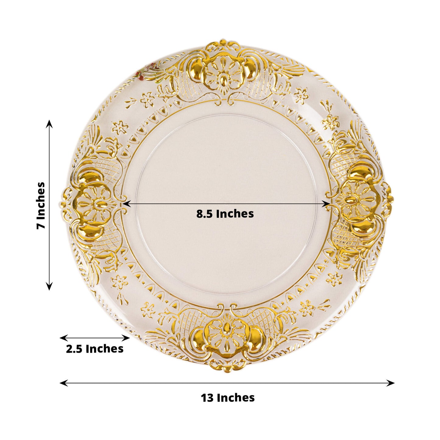 Clear decorative charger plate with gold embossed rim, 13 inches round.