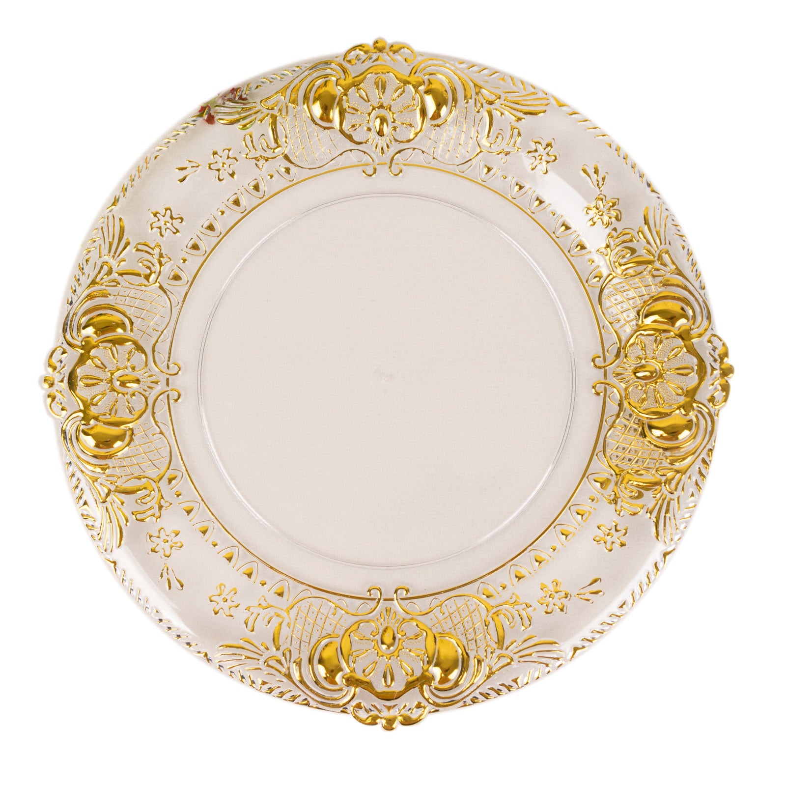 Clear decorative charger plate with gold embossed rim.