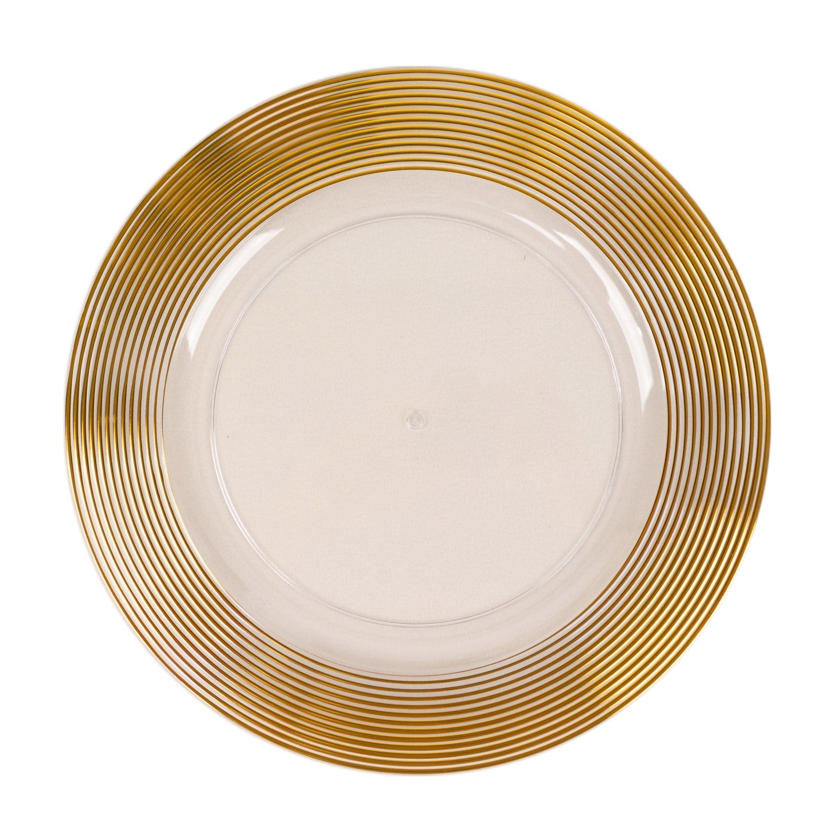 Clear and gold lined rim disposable wedding charger plate.