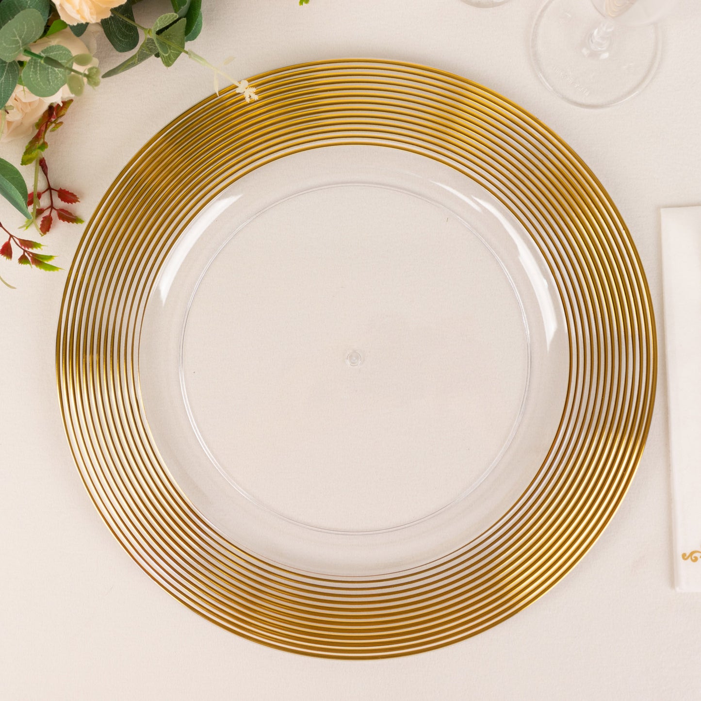 Clear and gold lined rim disposable wedding charger plate