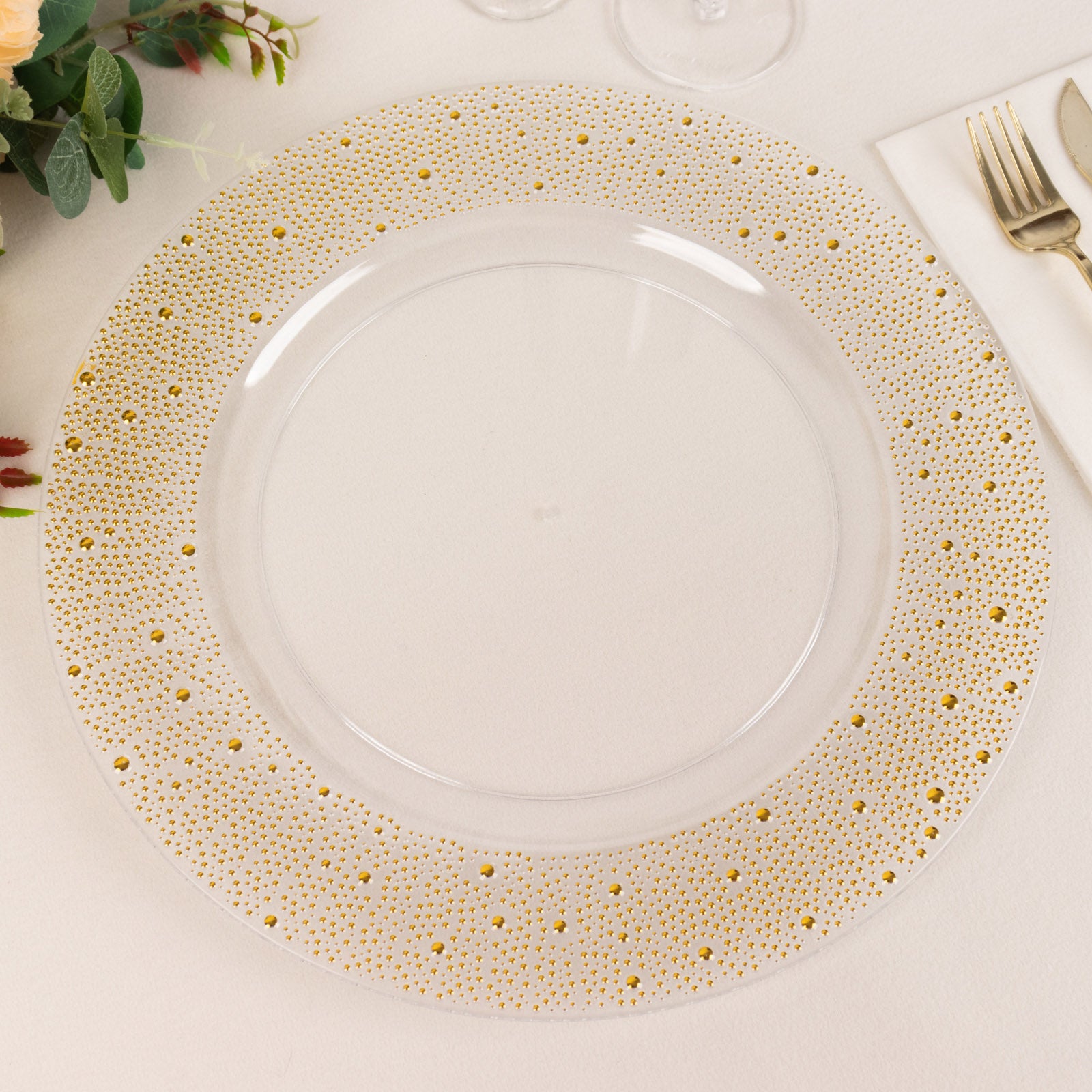Clear and gold pearl beaded disposable wedding charger plate.