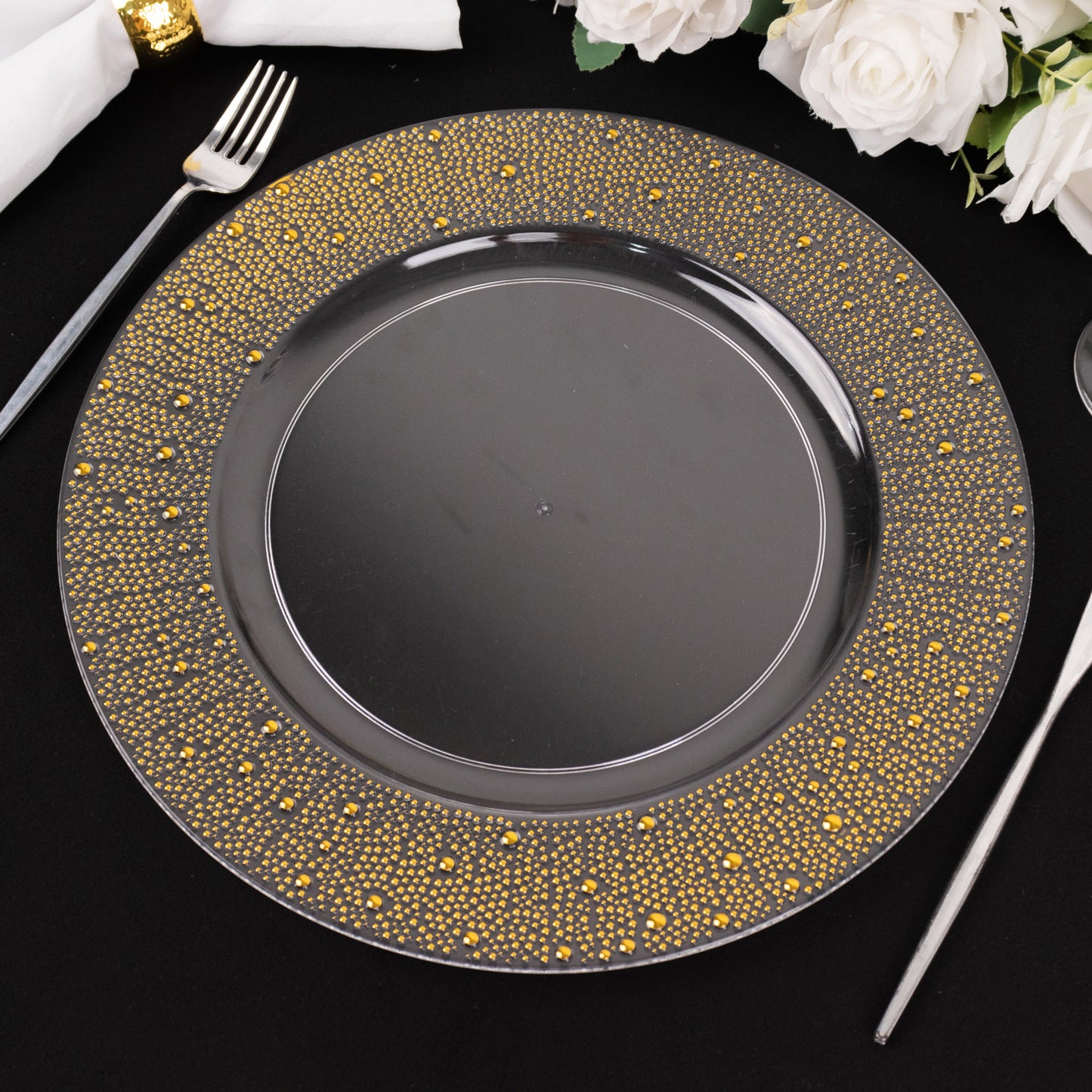 Clear and gold pearl beaded disposable wedding charger plate.
