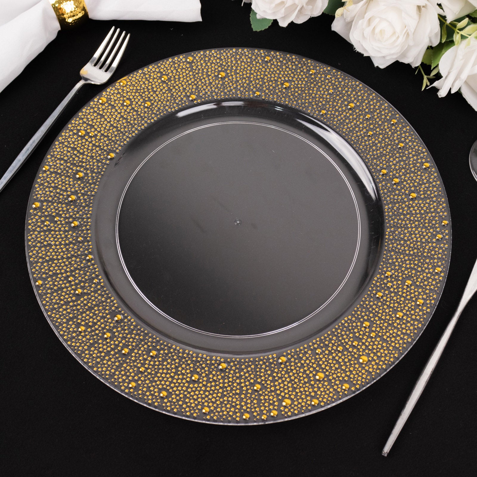 Clear and gold pearl beaded disposable wedding charger plate.