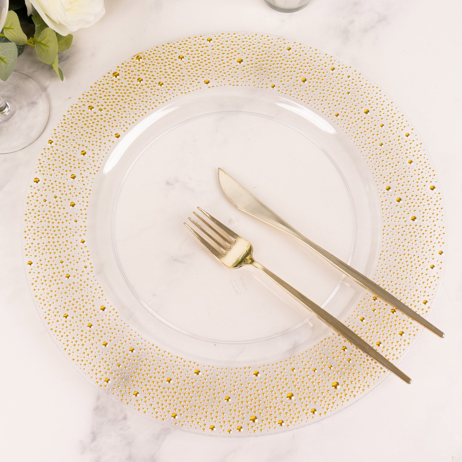 Clear and gold pearl beaded disposable wedding charger plate.