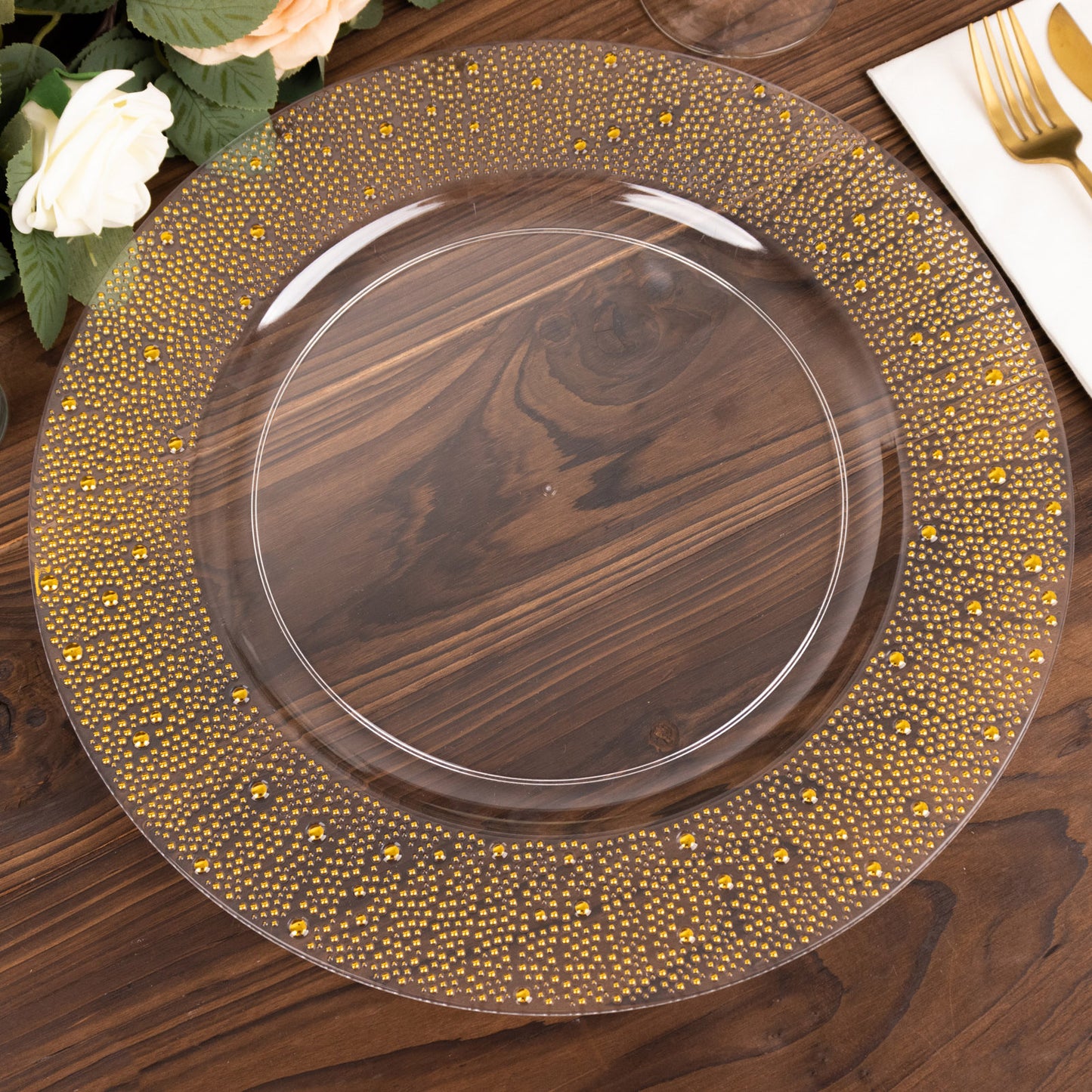 Clear and gold pearl beaded disposable wedding charger plate.